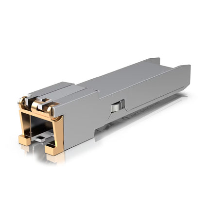 Ubiquiti UACC-CM-RJ45-MG copper module inserted into an SFP+ port on a UniFi Network switch