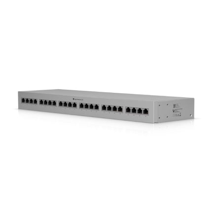 Ubiquiti UACC-ETH-SP-Panel-24 1U panel mounted in a standard 19-inch server rack.