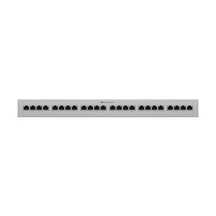 Close-up detail of the RJ45 ports and grounding terminal on the Ubiquiti UACC-ETH-SP-Panel-24.