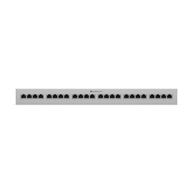 Close-up detail of the RJ45 ports and grounding terminal on the Ubiquiti UACC-ETH-SP-Panel-24.