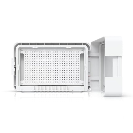 Ubiquiti UACC Flex Utility Pro open enclosure interior showing Switch Flex mounting tray and PoE injector slot