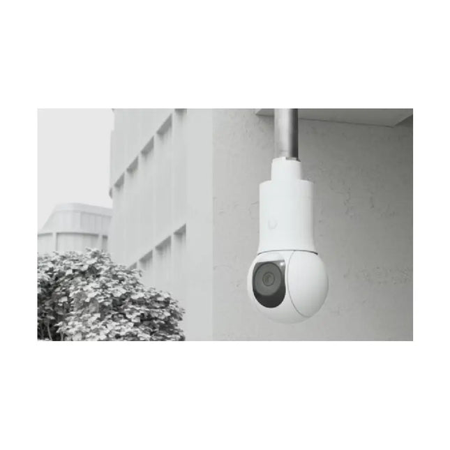 Ubiquiti G5 PTZ security camera installed securely using the UACC-G5-PTZ-PM pendant mounting accessory in an outdoor commercial environment.