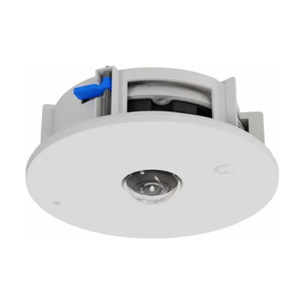 Ubiquiti UACC-G6-Pro-360-FM flush mount accessory viewed from an angle showcasing its clean white polycarbonate finish.