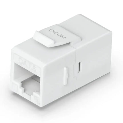 Ubiquiti UACC-Keystone-Coupler-C6 Category 6 pass-through jack coupler angled view showcasing snap-in design.