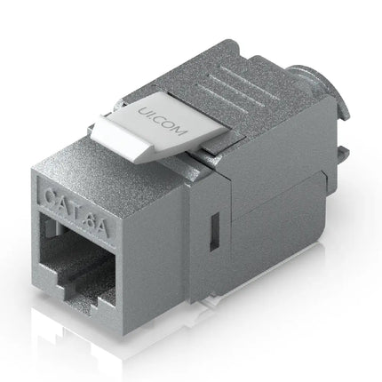 Ubiquiti UACC-Keystone-Jack-C6A Cat6A keystone jack angled view showing durable zinc alloy housing.
