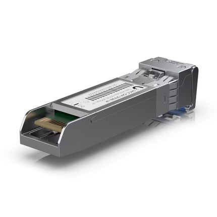 Close-up of LC duplex optical connection interface on the Ubiquiti UACC-OM-SFP28-LR module.