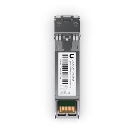 Ubiquiti UACC-OM-SFP28-LR transceiver module plugged into a UniFi enterprise switch port.