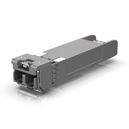 Ubiquiti UACC-OM-SFP28-SR optical module inserted into an SFP28 port on a UniFi Enterprise Switch