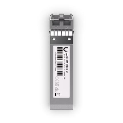 Close-up of the LC duplex connector optical interface and release bale on the Ubiquiti UACC-OM-SFP28-SR module