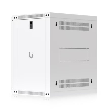 Interior 19-inch mounting rails and cable routing pass-throughs of Ubiquiti 12U rack