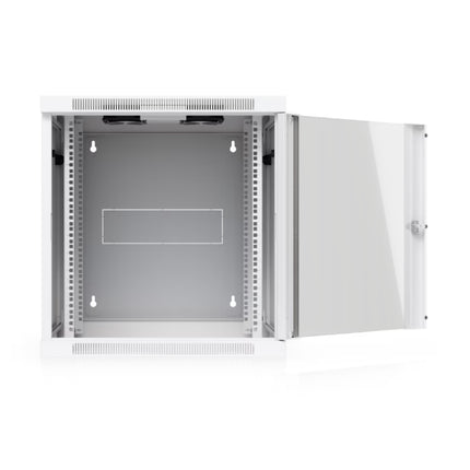 Ubiquiti UACC 12U swing-out cabinet open at rear hinge showing back-panel cable access