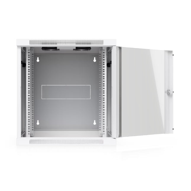 Ubiquiti UACC 12U swing-out cabinet open at rear hinge showing back-panel cable access