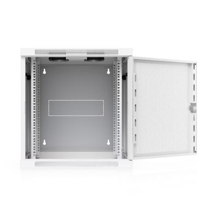 Ubiquiti UACC 12U swing-out cabinet open at rear hinge showing back-panel cable access