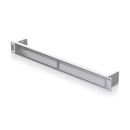Detail view of ventilation perforations on Ubiquiti UACC 1U vented rack panel