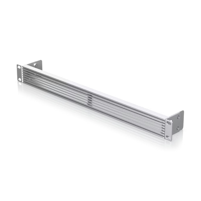 Detail view of ventilation perforations on Ubiquiti UACC 1U vented rack panel