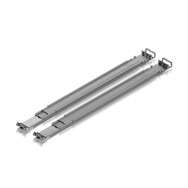 Ubiquiti UACC-Rack-Rails-Slide adjustable sliding rack rails angled view showing SGCC steel construction.