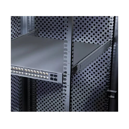 Close-up of Ubiquiti UACC-Rack-Rails-Slide ball-bearing mechanism mounted in a 4-post server rack.
