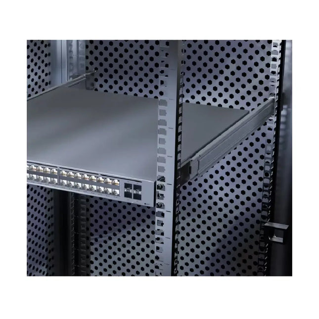 Close-up of Ubiquiti UACC-Rack-Rails-Slide ball-bearing mechanism mounted in a 4-post server rack.