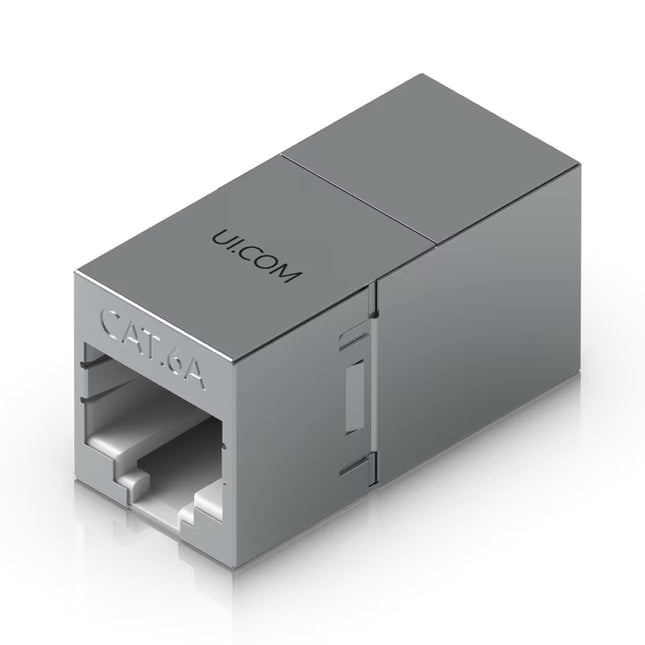 Ubiquiti UACC-RJ45-Coupler-C6A Cat6A shielded inline coupler front angled view