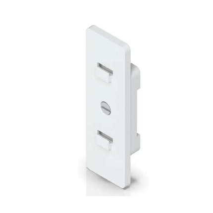 Ubiquiti UACC-Switch-DIN angle view showing the lightweight polycarbonate structure and 35mm rail interface.