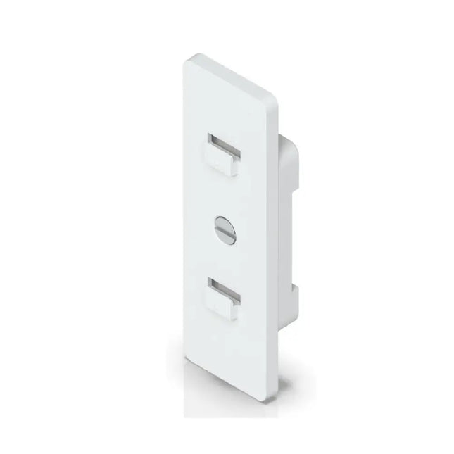 Ubiquiti UACC-Switch-DIN angle view showing the lightweight polycarbonate structure and 35mm rail interface.