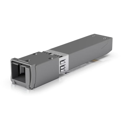 Close-up of the SC/UPC optical connector interface and release latch on the Ubiquiti UACC-UF-OM-XGS
