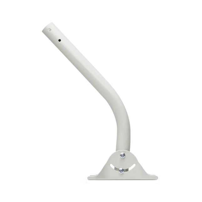 Close-up shot of the Ubiquiti universal antenna mount base showing the curved adjustment slots used for leveling and tilting the pole arm.