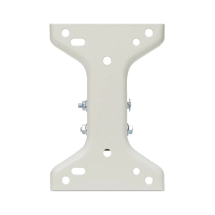 Ubiquiti universal arm bracket securely mounted to a brick wall exterior holding an outdoor wireless point-to-point network antenna.