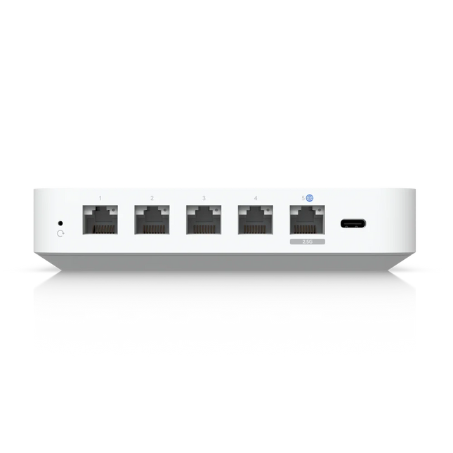 UniFi Cloud Gateway Ultra UCG-Ultra rear ports — 2.5 GbE WAN and 4 x Gigabit RJ45 with USB-C power
