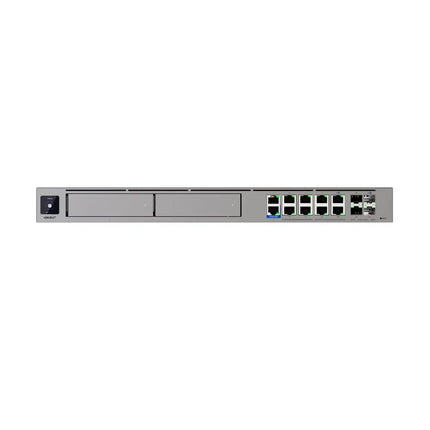 Front angle view of the Ubiquiti UDM-Beast 1U enterprise cloud gateway mounted in a server rack.