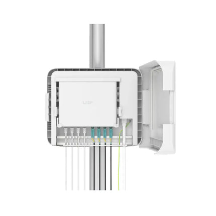 Ubiquiti UISP Box Plus rugged outdoor enclosure mounted on a pole for network security.