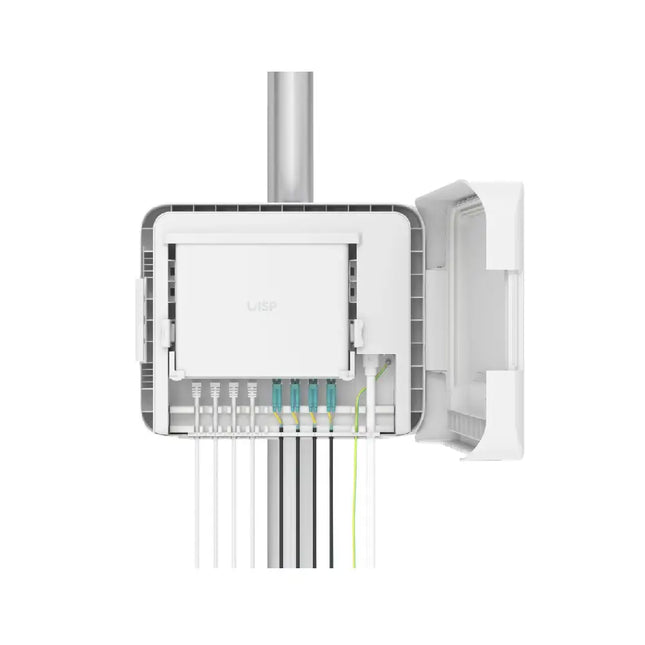 Ubiquiti UISP Box Plus rugged outdoor enclosure mounted on a pole for network security.