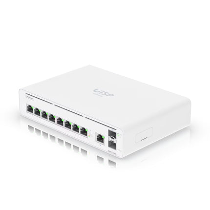 Close-up of eight Gigabit RJ45 ports and dual 10G SFP+ uplink ports on the Ubiquiti UISP Console