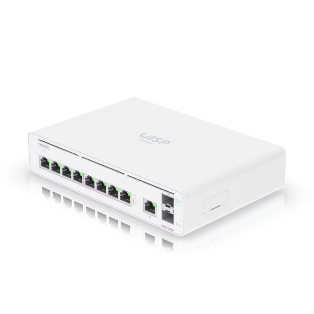 Close-up of eight Gigabit RJ45 ports and dual 10G SFP+ uplink ports on the Ubiquiti UISP Console