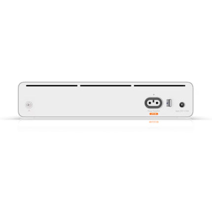 Rear view of the Ubiquiti UISP Console showing power input options and thermal ventilation