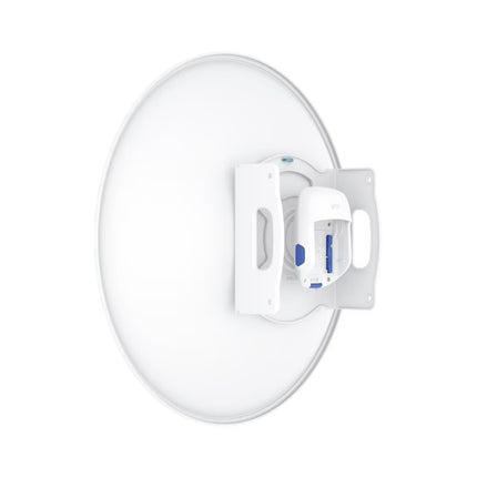 Ubiquiti UISP Dish antenna mounted on a wireless communication tower for long-range PtP backhaul