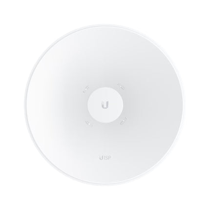 Rear view of the Ubiquiti UISP Dish showing precision mounting bracket and direct radio attachment feed