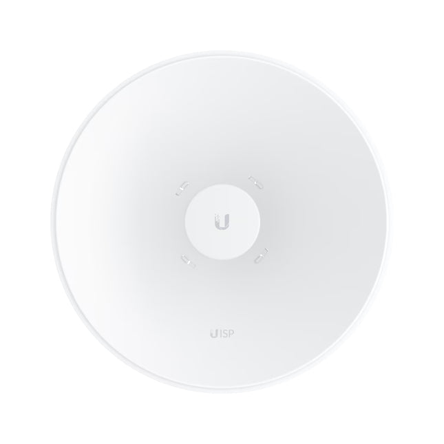 Rear view of the Ubiquiti UISP Dish showing precision mounting bracket and direct radio attachment feed