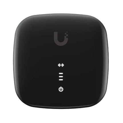 Ubiquiti UISP Fiber XG 10G XGPON optical network unit front view showing compact design.