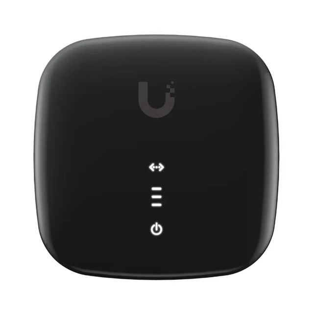 Ubiquiti UISP Fiber XG 10G XGPON optical network unit front view showing compact design.