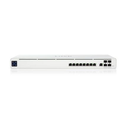 Front view of the Ubiquiti UISP-R-Pro 10 GbE router highlighting its 1.3-inch touchscreen and port layout.