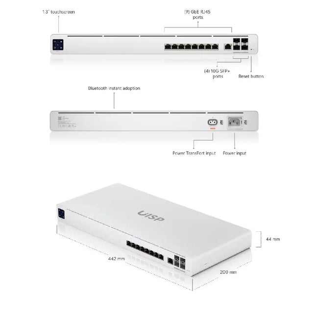 Rear and front interface panel showing SFP+ and RJ45 connection ports on the UISP-R-Pro gateway.