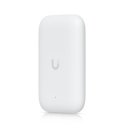 Top close-up view of the Ubiquiti UK-Ultra access point with the protective cap removed, revealing dual RP-SMA female ports for optional long-range external antennas.