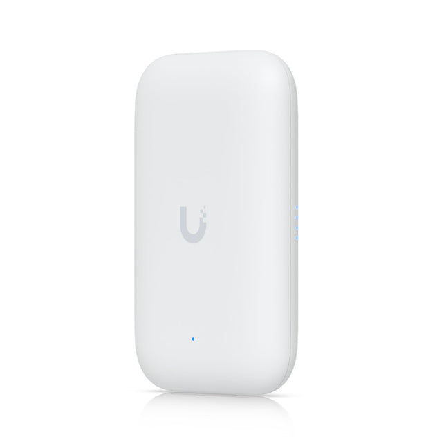 Top close-up view of the Ubiquiti UK-Ultra access point with the protective cap removed, revealing dual RP-SMA female ports for optional long-range external antennas.