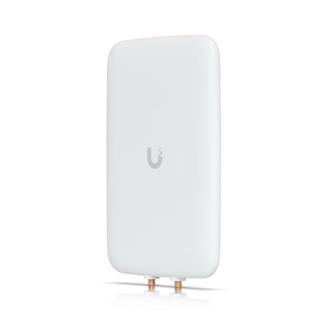 Rear view of the Ubiquiti UMA-D antenna showcasing the two weatherproof RF RP-SMA connector ports and the adjustable wall or pole mount swivel articulation arm.