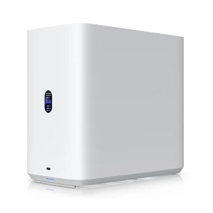 Ubiquiti UNAS-4-W 4-Bay Network Attached Storage front angled view showcasing compact desktop form factor and color LCM display.