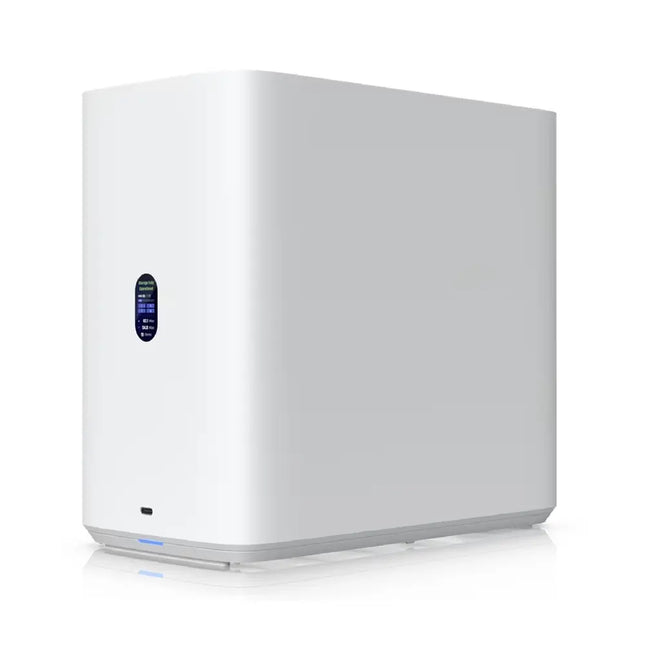 Ubiquiti UNAS-4-W 4-Bay Network Attached Storage front angled view showcasing compact desktop form factor and color LCM display.