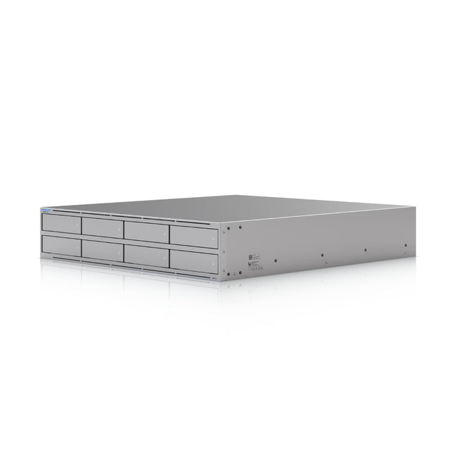 Ubiquiti UNAS-Pro-8 8-bay rackmount network attached storage front panel view with drive caddies