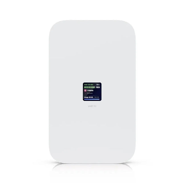Ubiquiti UniFi 5G Max high-performance 5G modem front profile showing 1.3-inch touchscreen display and sleek enclosure.