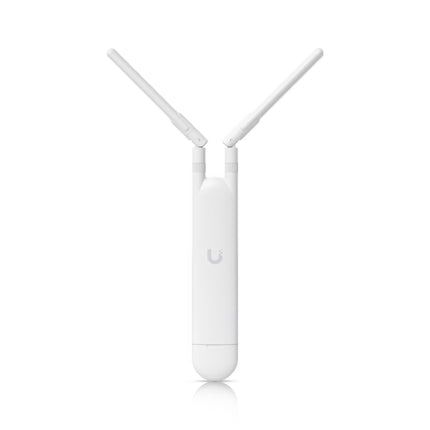 Ubiquiti UniFi AC Mesh UAP-AC-M outdoor access point in white featuring two adjustable dual-band omni-directional antennas.